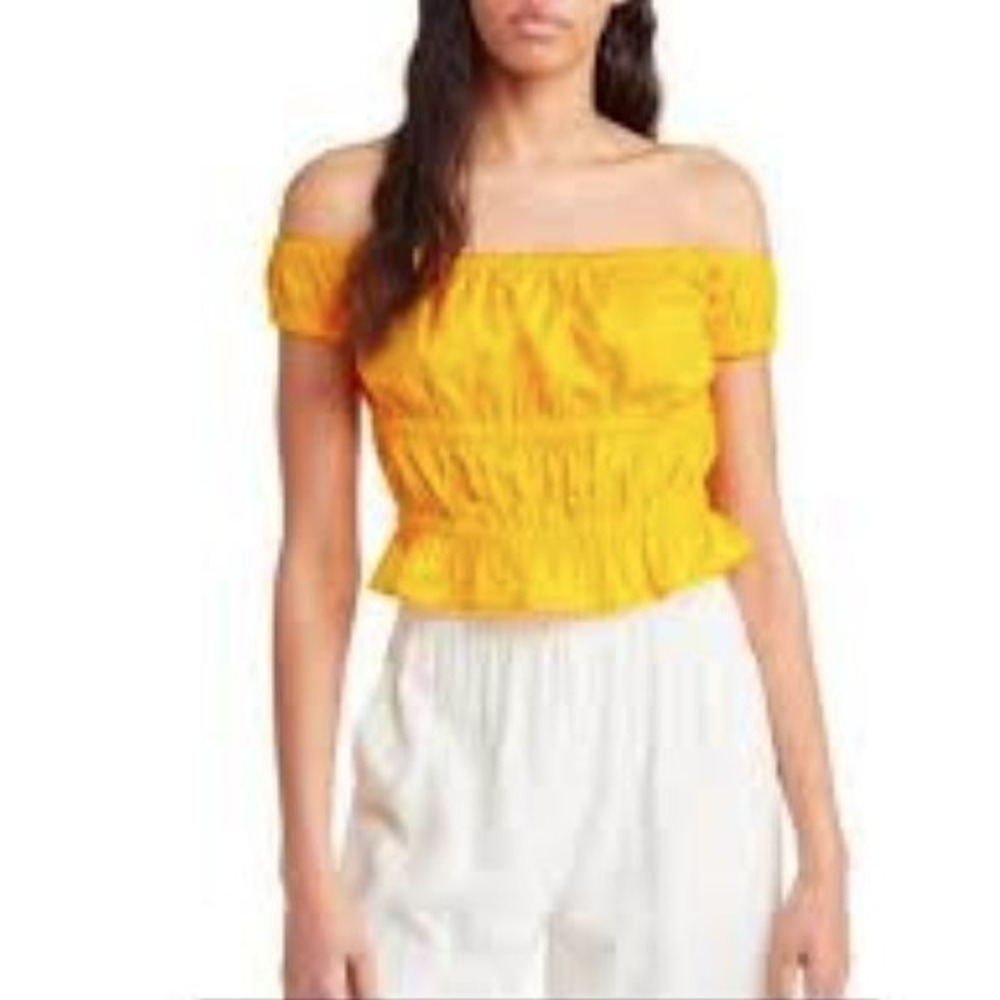 Open Edit Women's Shirred Off The Shoulder Short Sleeve Cotton Top in Yellow XS